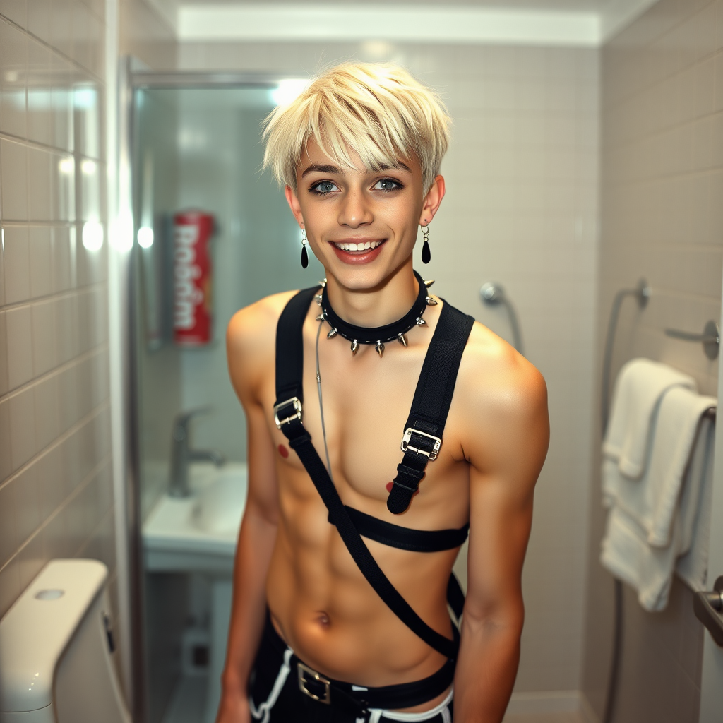 photorealistic, ultra high resolution, 16K, surreal fantasy, studio lighting, a pretty 16 year old goth boy, slim male physique, short blonde hair, goth makeup, earrings, pantyhose, harness, spikey dog collar and leash, trainer-bra, white ballet shoes, in the bathroom, excited smile, facing the camera.