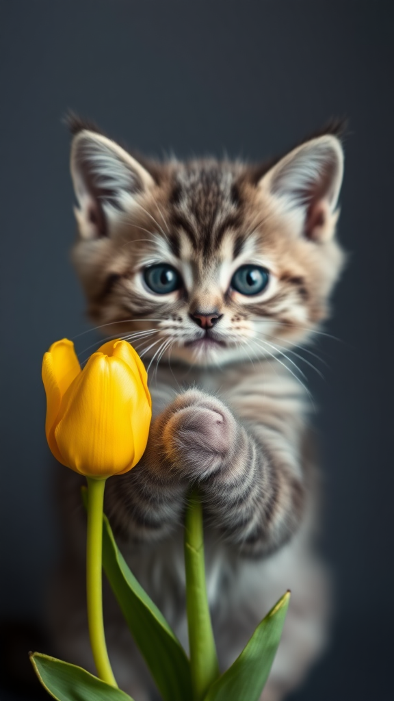 A gray kitten is holding a yellow tulip.