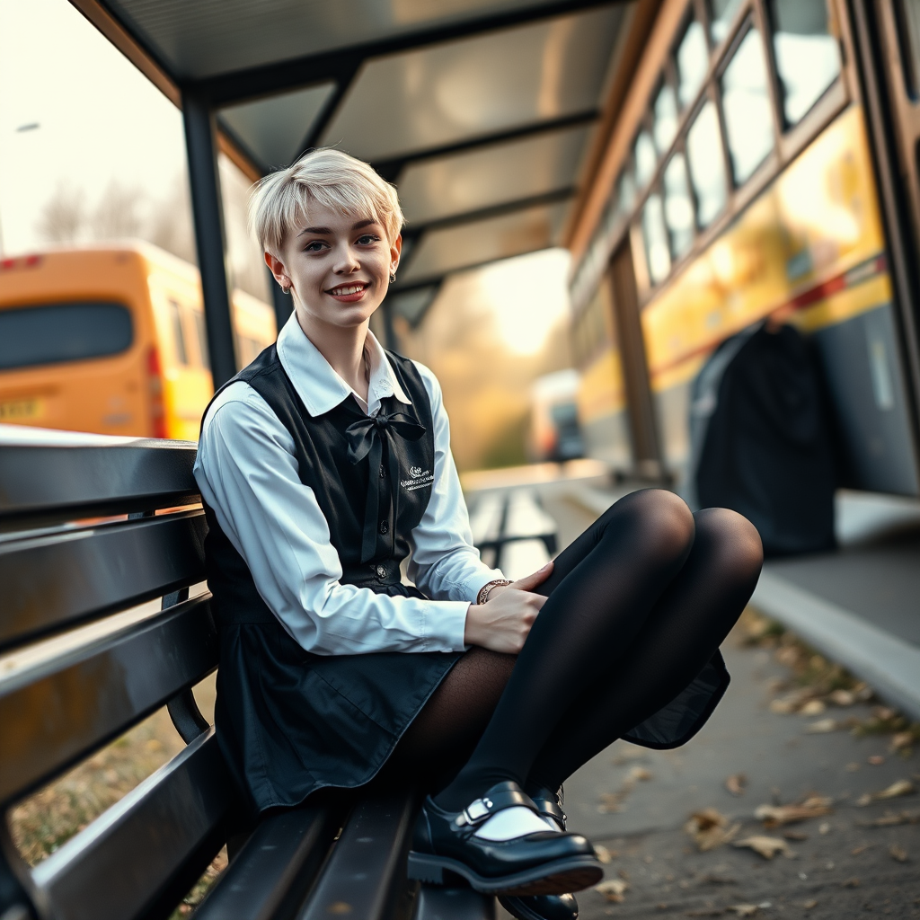 photorealistic, ultra high resolution, 16K, surreal fantasy, soft studio lighting, a pretty 18 year old goth male, slim male physique, short blonde hair, goth makeup, earrings, shiny black pantyhose, UK girls-school uniform, Mary-Jane shoes, sitting on a bench waiting for the school bus, in daylight, excited smile, facing the camera.