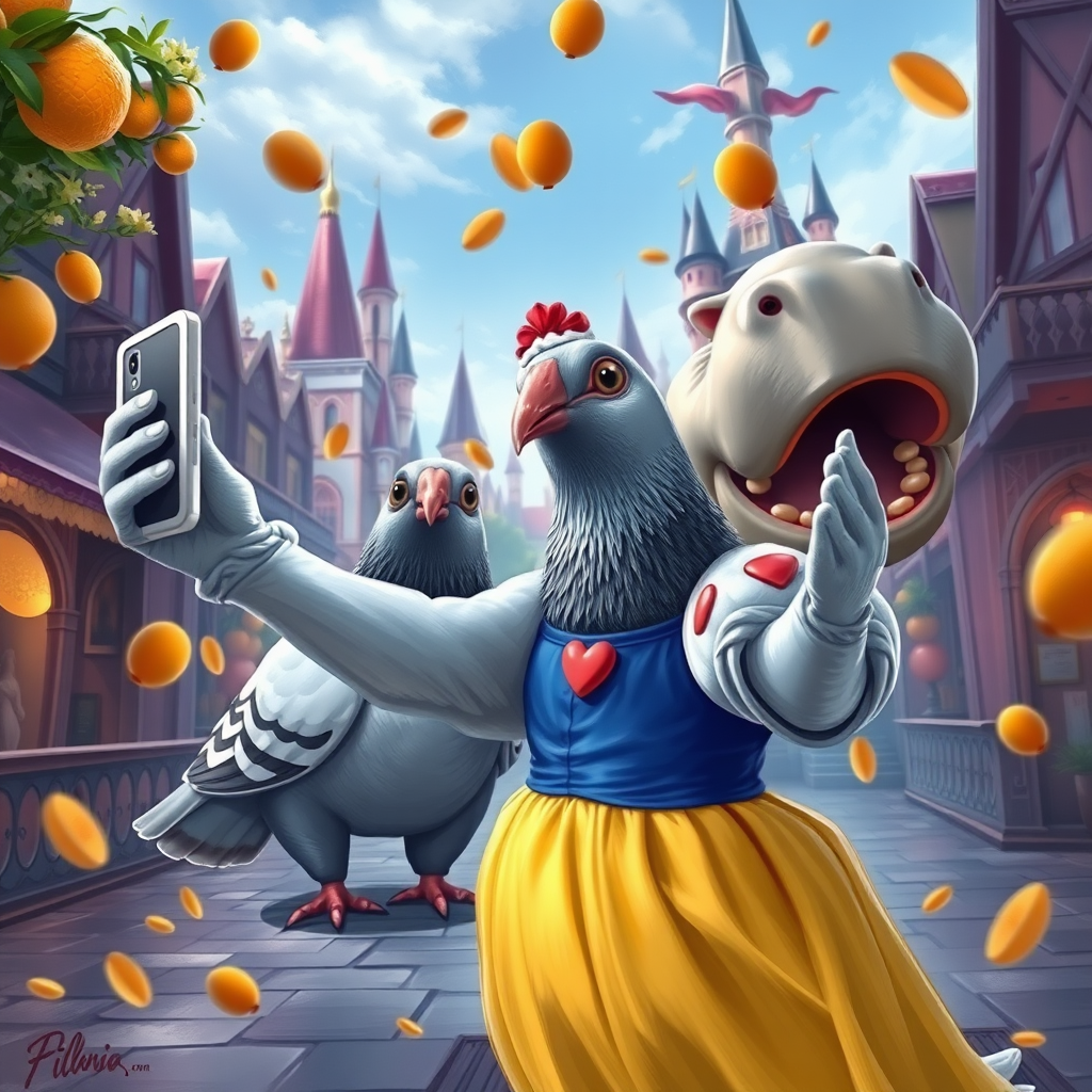 digital painting of a pigeon in snow white clothes taking a selfie in disneyland, hippo pole-dancing next to the pigeon, oranges falling from the sky