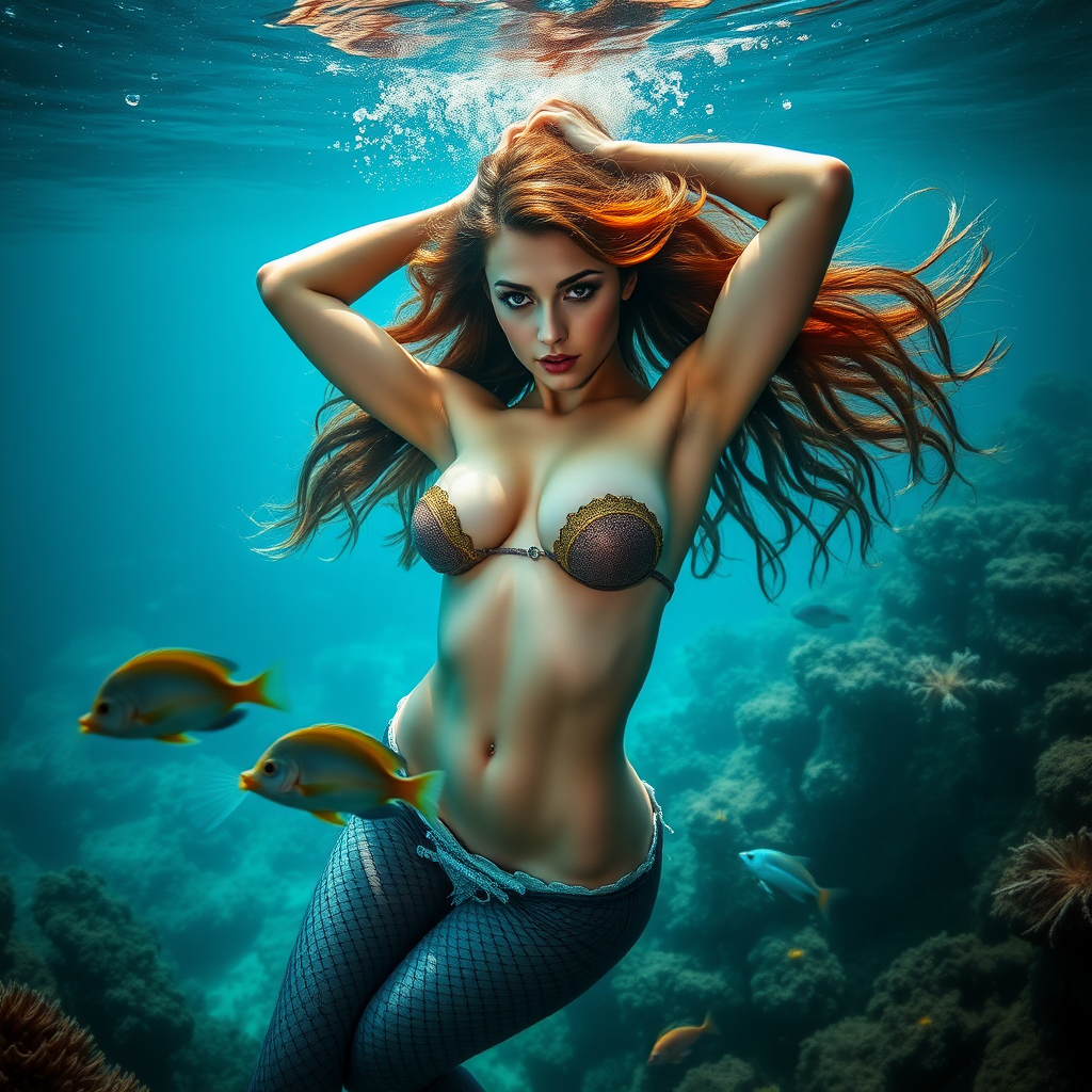 Aqua Woman as a fit and trim mermaid underwater amazing loose flowing hair floating in a nimbus around her beautiful face her arms outstretched languidly over her head. she's looking down into the viewer's eyes making intense eye contact. modesty protected  by fish. Burlesque. Stunning undersea life details plants and fish and other creatures of the sea. Amazing HD DSLR photographic output.