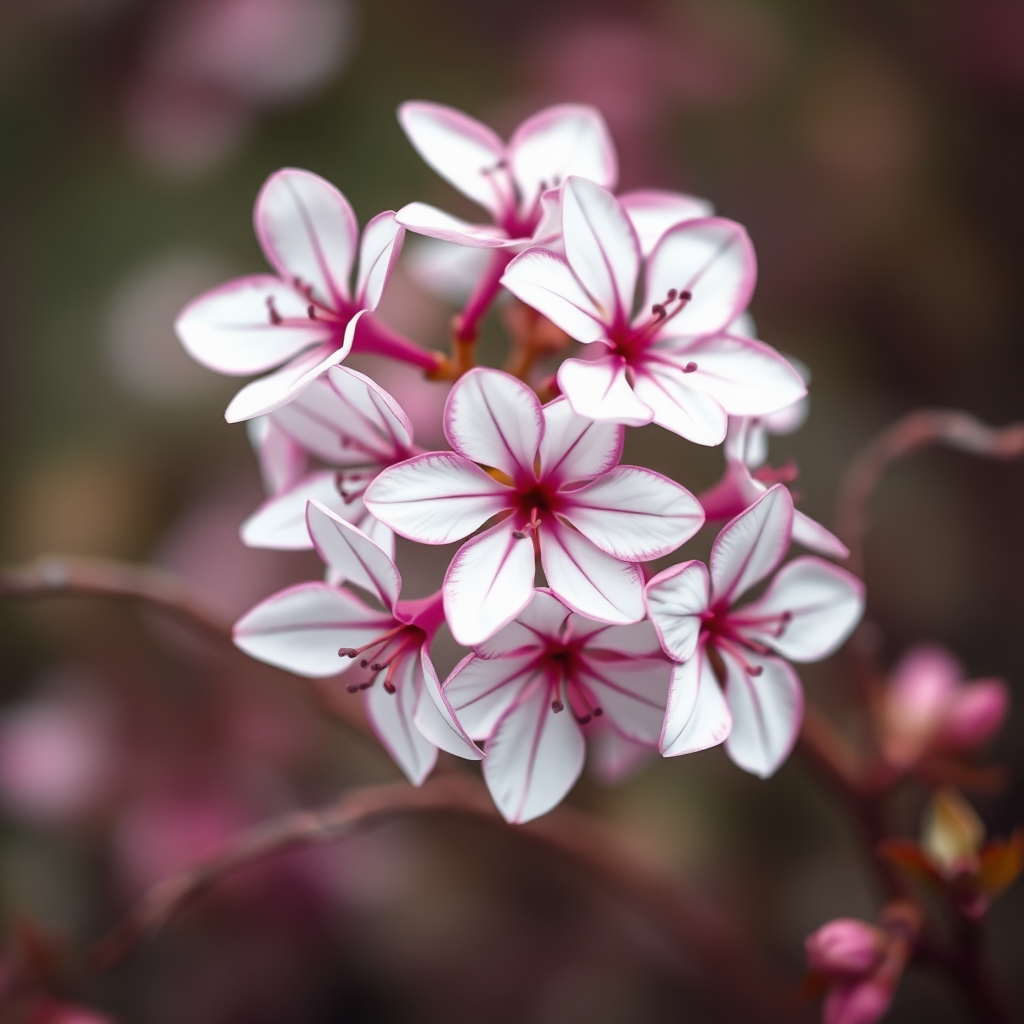 A close-up view of delicate flowers with striking white petals edged in deep magenta, arranged gracefully on thin, twisting branches. The background is softly blurred, creating a bokeh effect that emphasizes the flowers' vibrant colors. The setting evokes a tranquil garden atmosphere, with muted earth tones blending into the soft pinks and greens of the surrounding foliage. The overall aesthetic feels hyperrealistic, showcasing intricate details of the petals, including faint veins and subtle textures, contrasted against the gentle, diffused light that enhances their natural beauty.