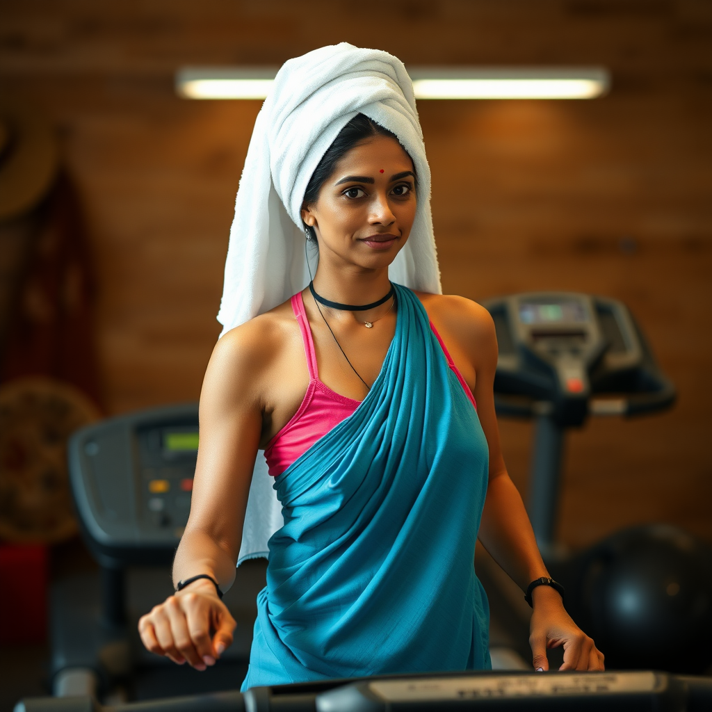 Indian wife, towel head, working out on treadmill.