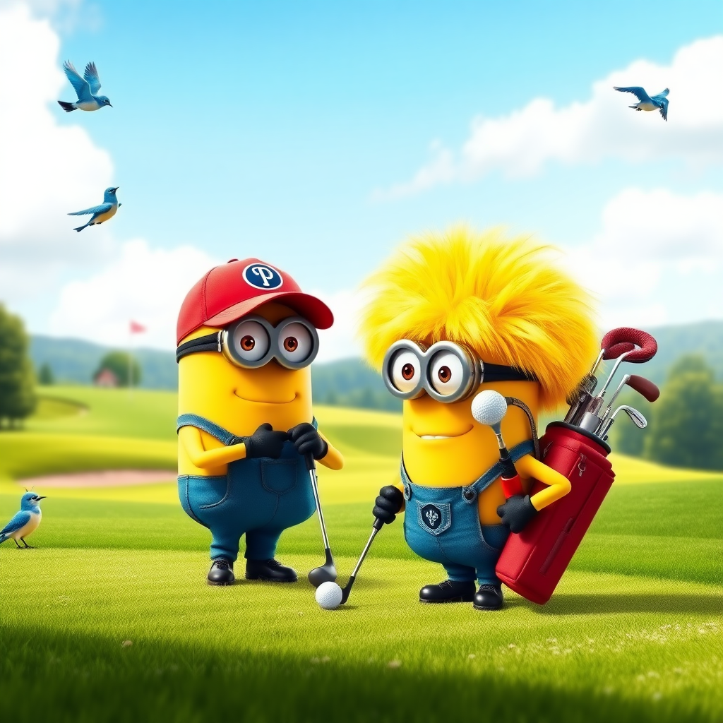 A minion from "Despicable Me" is playing golf on a beautiful golf course. He has a big bright yellow wig of hair. Another minion wearing a red ballcap is carrying his golf bag with the golf clubs in it. There are bluebirds and sunshine and the scene is beautiful and peaceful.