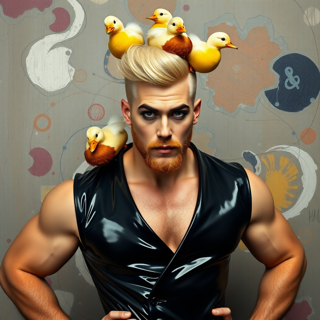 A 4K hyper-realistic photograph in the style of Kandinsky, blending surrealism with kitsch. The subject is a man with an extravagant, Italian blond haircut, styled in a flamboyant bun, paired with a sexy, masculine look. He sports a neatly groomed, three-day beard — short, evenly distributed, with a light shadow effect across the chin, jawline, and cheeks. His makeup is dramatic, like a drag queen, adding to the boldness of his appearance. He has a muscular, athletic build, with a generous amount of chest hair peeking out from his glamorous outfit. He’s dressed in an extravagant latex dress painted by Kandinsky, standing confidently with his hands on his hips. Above him, smaller ducks rest playfully on his head. The background is like a Kandinsky masterpiece.