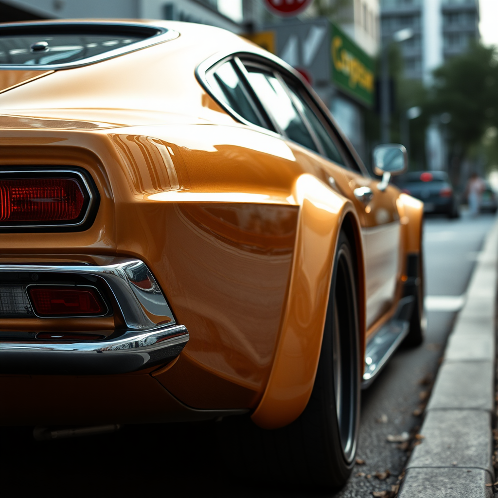 metallic shine car is parked on the side of the road, inspired by Taiyō Matsumoto, tumblr, restomod, nd4, c4