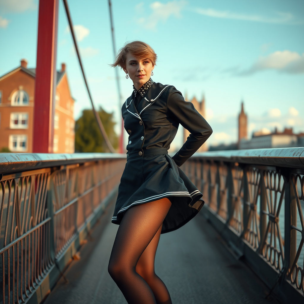 photorealistic, ultra high resolution, 16K, surreal fantasy, soft studio lighting, Tyler Swift is a pretty 18 year old goth male, slim male physique, auburn hair, goth makeup, earrings, shiny black pantyhose, UK girls-school uniform, Mary-Jane shoes, spikey neck collar, standing on a bridge, the wind has blown his dress up above waist level to expose his pantyhosed bottom, in daylight, excited smile, facing the camera.