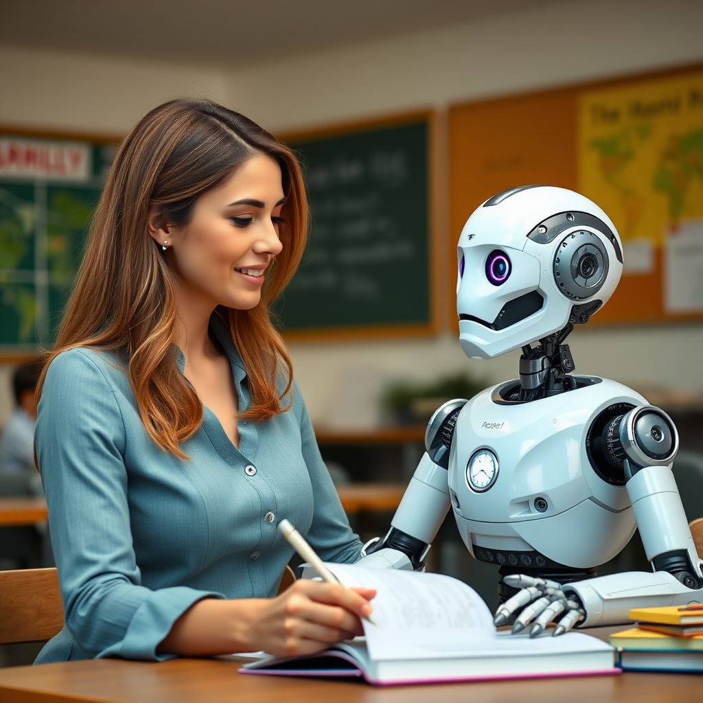 At school, a beautiful Western woman is teaching a robot to learn reading and writing.