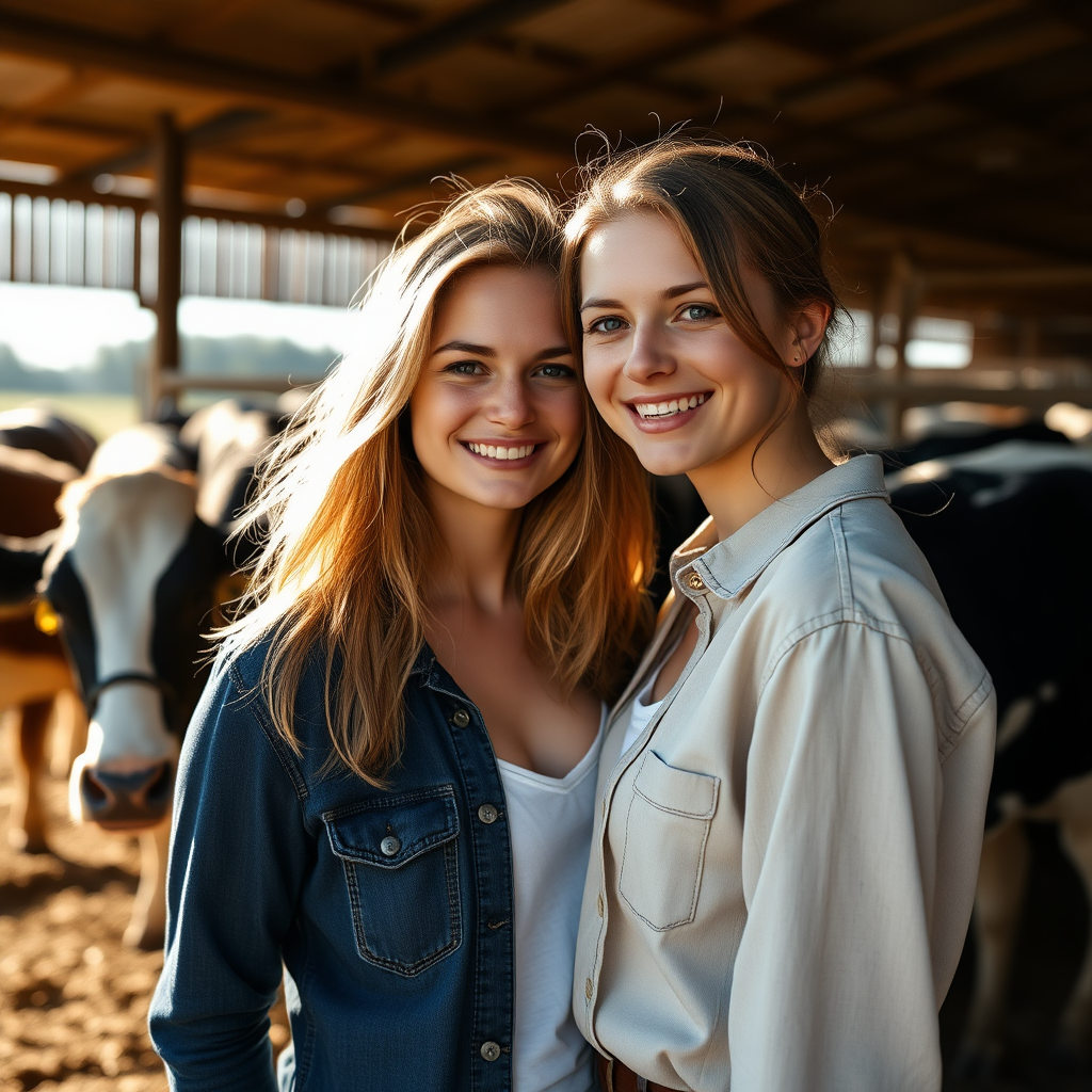 A woman in her twenties, on a farm. The sun is shining. They are in a barn. She is being milked.