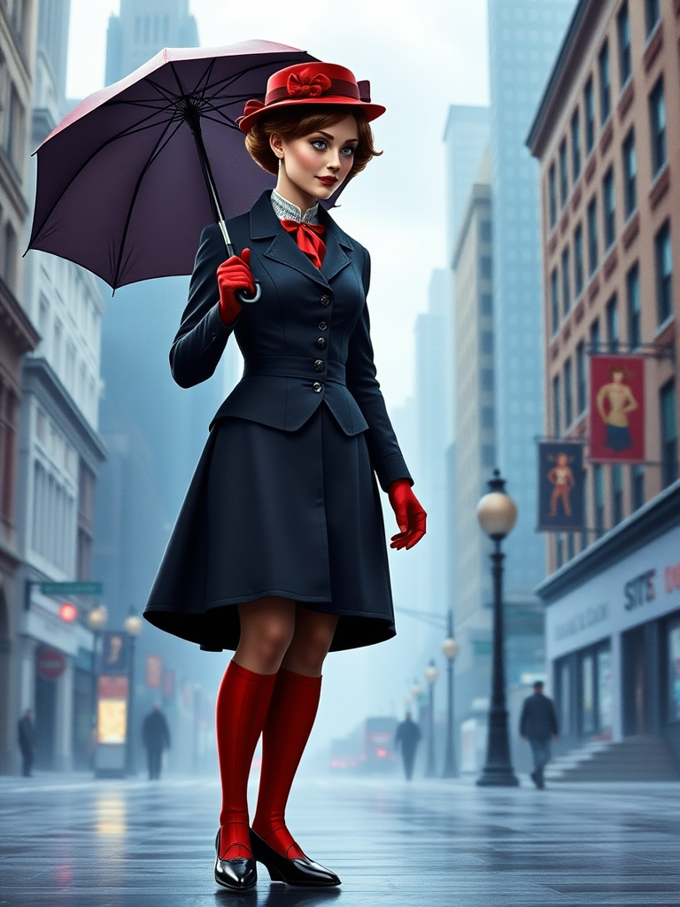 Create a full-length image of Mary Poppins with the masculine physique of Spider-Man, featuring defined muscles and an athletic build, but retaining Mary Poppins' original head. Her traditional clothing is modified to fit the muscular proportions, with a tailored, structured overcoat and elongated, fitted skirt to accentuate the build. She retains her iconic umbrella and hat. The background blends the whimsical charm of Edwardian London with the dynamic energy of a Spider-Man setting, like skyscrapers and bustling streets, reflecting both characters' worlds in one cohesive scene.