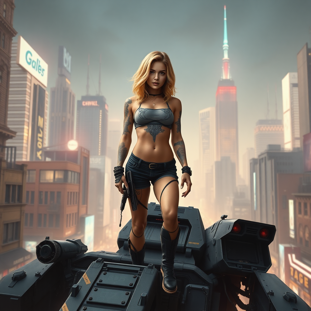 A large matte painting of a woman like Ana de Armas (young, tattoos, athletic, strawberry blonde hair) standing on top of a battlemech inside a modern neon city.