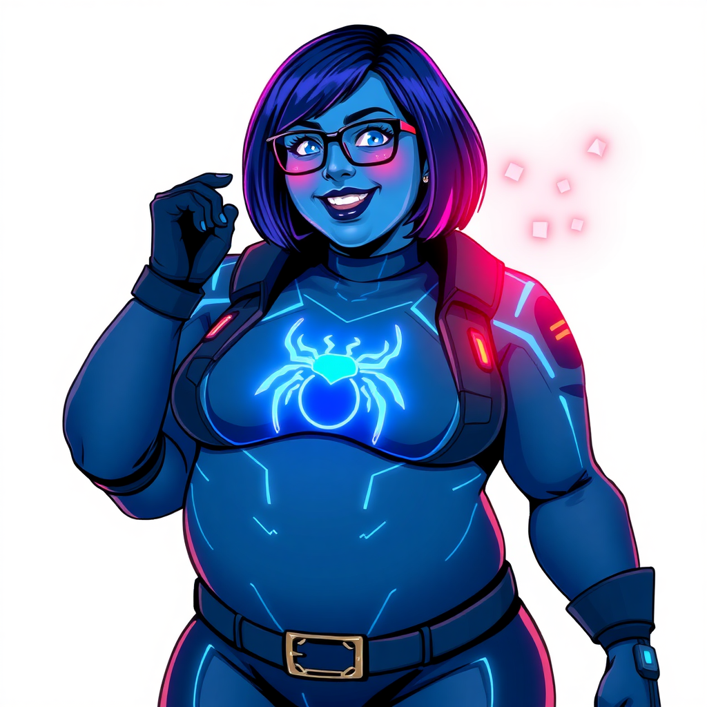 A 28-year-old full-figured computer science major, now transformed into a full-figured, nerdy digital sidekick for her cyberpunk vigilante boyfriend, with maximum blue skin. Her bob cut seamlessly blends with her skin, appearing to merge together as computer data, and her neon blue eyes glow intensely. Her full figure is defined by a prominently round, gargantuan midsection, sequoia-sized limbs, and broad shoulders. As a loyal and supportive sidekick, she plays a crucial role in their missions, using her digital skills to assist and protect.

She wears a digital, computerized maximum blue bodysuit which blends with her hair and skin (appearing to merge together like computer data), all are colored maximum blue. The bodysuit has a neon blue chest icon of a beetle, along with matching high-tech gloves. She bashfully giggles with a neon red blush, emitting neon blue data cubes from her body, set against a solid white background. Heavily pampered by her doting boyfriend, her full figure (especially her prominent, round, gargantuan midsection) clearly shows this care. She has the ability to hack into computers and machines, and her nerdiness is blatantly obvious with her black oversized eyeglasses. Her full figure (especially her prominently round gargantuan midsection) is prominently displayed and heavily emphasized. Her outfit is influenced by DC’s Jennifer Knight Phantom Lady but remains distinct. She is drawn as if she was in a retro 2D cyberpunk fighting game. Ensure she is distinct from Inside Out's Sadness, The Power of Surge's Debra and any other character. Ensure her midsection is round. Her proportions are bloated to emphasize her full figure.