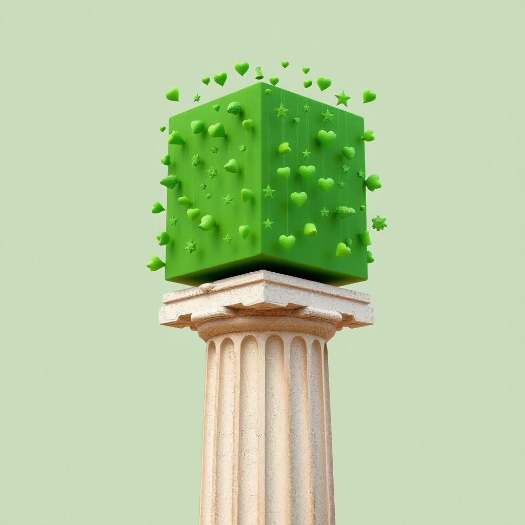 A photograph of an ancient Greek column with weathered, fluted details at the base. Atop the column is a normal green rectangular volume, designed as a funky art installation. Numerous quirky green objects, like small hearts, stars, and abstract shapes, hang from this rectangular volume, creating a playful and surreal effect. The installation contrasts the ancient stone with modern, minimalistic, and weird design elements.