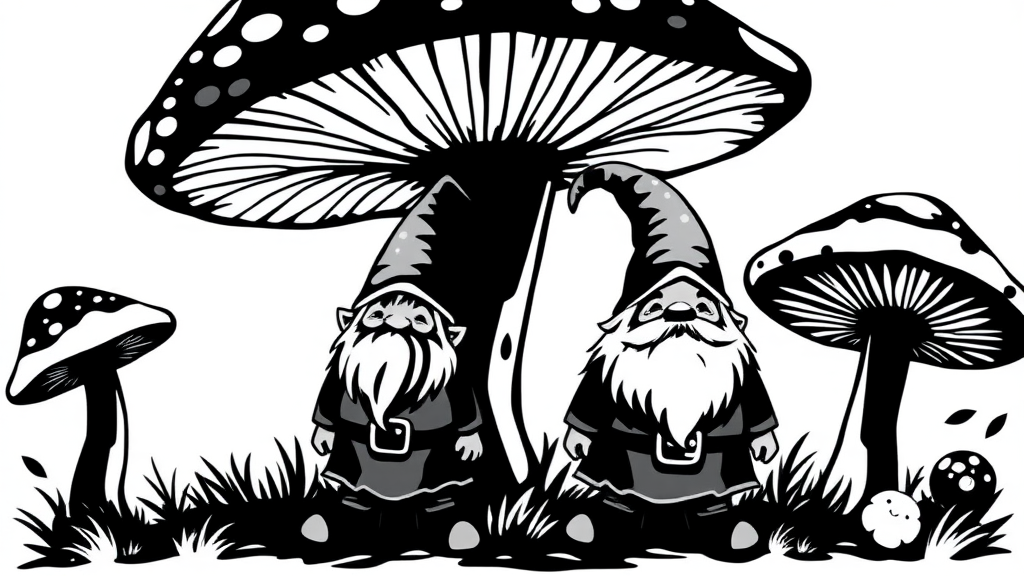 2 happy dark fantasy Gnomes standing under giant mushrooms. Black and White - no gradients or greys. Vector style, isolated on white.