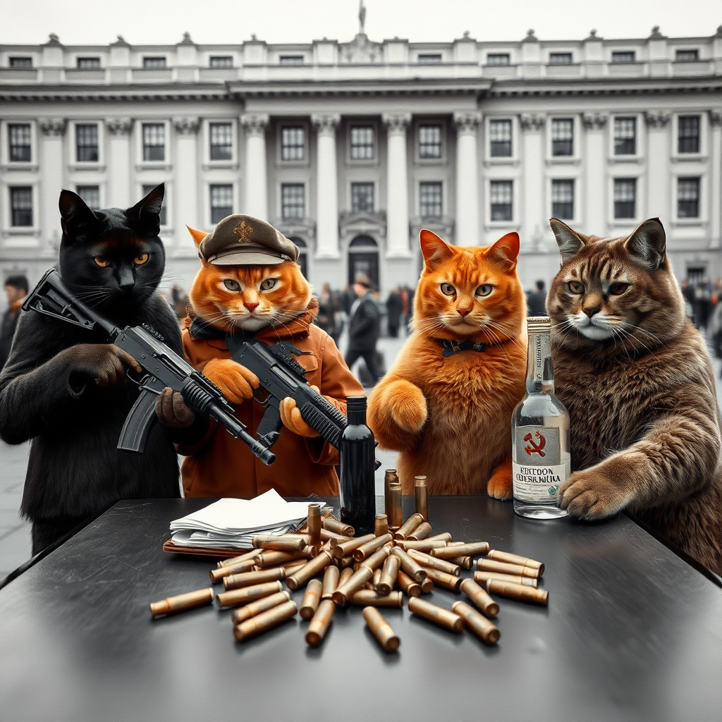 4 cat-men in a large square, a dark-skinned one holding an AK-47, an orange one with a Russian military cap, a dark brown one and a light brown one, USSR communist with vodka, around a table with bullet casings on it (in a black and white photo style)