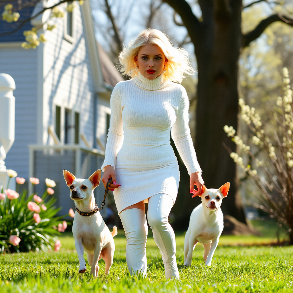 1990s The Hamptons sunny spring morning, chichi-society super luxury neighborhood, walking her Chihuahua: Ana, European 17 years old very convincing femboy “trophy-bimbo”, tamed servile docile, very beautiful feminine flawless face, rather short boyish figure, platinum blond short tight curls, bold red lips, heavily made-up face, long French nails, wearing Supertanya-style tight fluffy very fuzzy bright white angora figure-hugging turtleneck-sweaterdress with white pearl decoration, white vinyl thigh-high boots with golden heels, pearl earrings, arrogant serious, prancing holding leash.