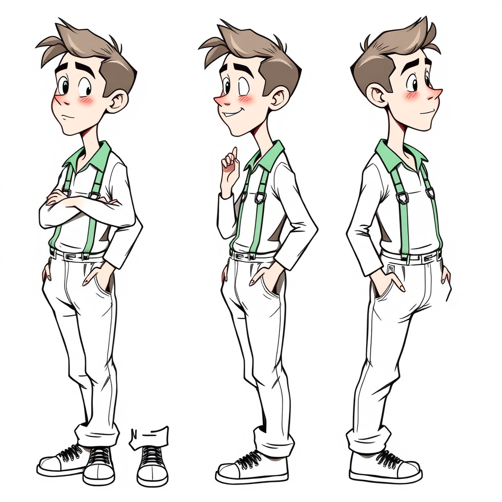 multiple views with progression, character design sheet, blushing shy nervous small 20 year old european skinny man wearing green long sleeve coveralls is trying to hide his excitement, detailed features, bulging pants, 
long establishing shot, 2D, caricature, cartoon, Sketch lines, coloring book, black and white, coloring book style on white background, well composed, clean coloring book page, No dither, no gradient, strong outline, No fill, No solids, vector illustration, side view, vector illustration, empty space around each view