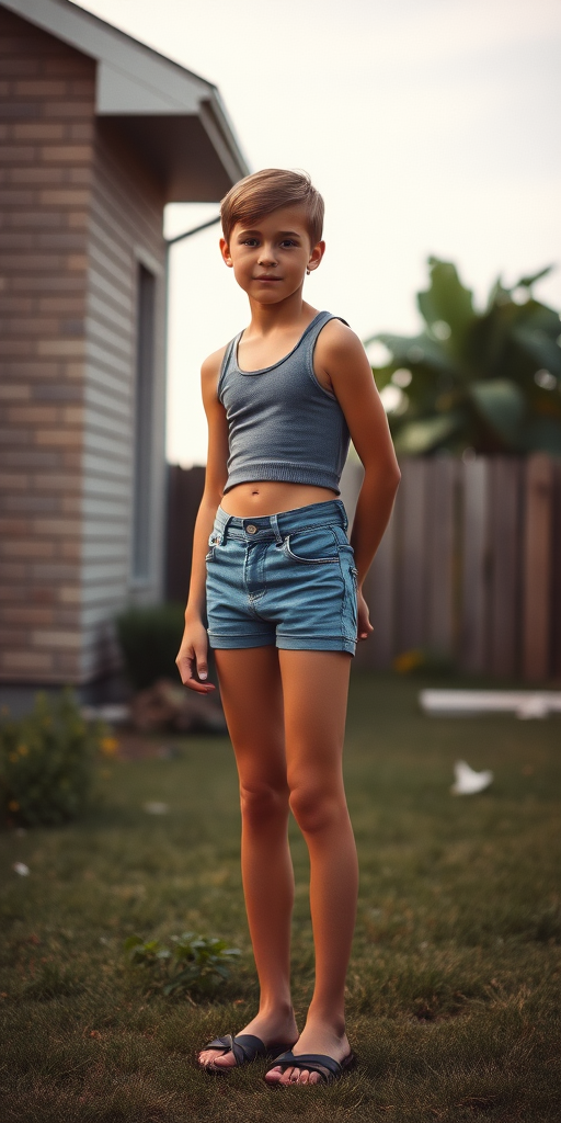 photorealistic, ultra high resolution, 16K, a tall, skinny, 14yo teen boy wearing crop thin tank top, denim tight booty shorts, long legs, bare thighs, long hairs bow cut. At backyard. Full length view. Vintage photo, 1970s.