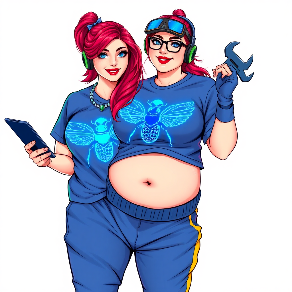 A cyberpunk vigilante’s full-figured intelligent and tech-savvy 29-year-old girlfriend, who is a computer hacker and tech genius. She has a long ruby red ponytail and bright blue eyes. She wears a sapphire beetle gemstone necklace, an oversized Maximum Blue (RGB 71, 171, 204) t-shirt featuring a giant neon blue chest icon of a winged beetle, and matching Maximum Blue sweatpants. She has a full-figured physique with a gargantuan, well-rounded midsection, reflecting her well-cared-for lifestyle. She sports a sapphire headset with a hi-tech Maximum Blue (RGB 71, 171, 204) lensed HUD visor, Maximum Blue (RGB 71, 171, 204) lipstick, black eyeglasses, and a beaming smile with a passionate bright red blush. Despite her figure and a lack of self-esteem, she radiates an air of beauty. She has an angular face which contributes to her radiant beauty. She serves as his tech expert from his hideout, holding a holographic tablet and a hi-tech tool wrench. The background is solid white. She is drawn as if she was in a retro 2D cyberpunk fighting game. Make sure her outfit covers her midsection.