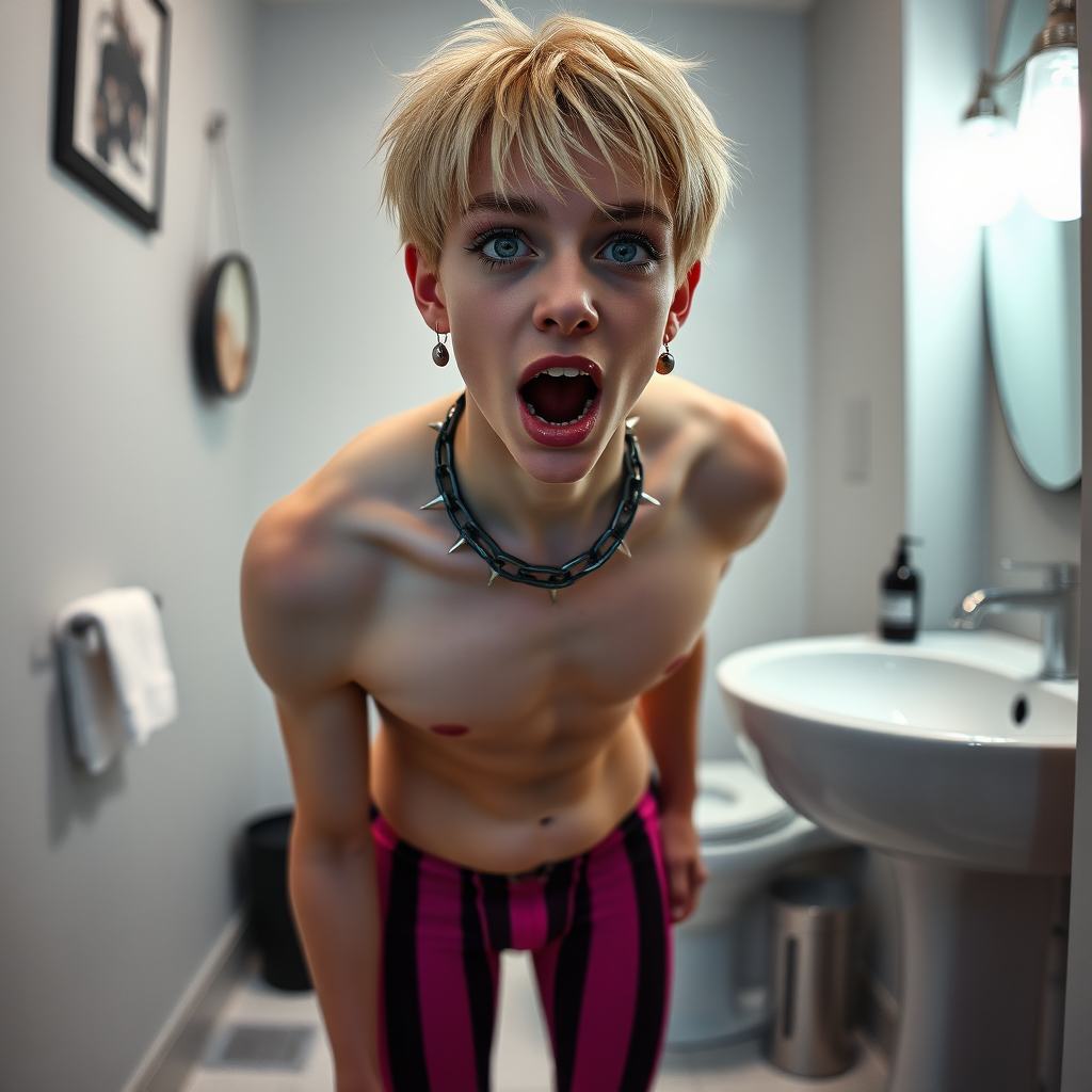 photorealistic, ultra high resolution, 16K, surreal fantasy, soft studio lighting, Caleb Swift is a pretty 16 year old goth male, slim male physique, blonde hair, blue eyes, goth makeup, earrings, pink & black vertically striped pantyhose, spikey neck collar with chain, standing on the floor of the bathroom, excited mouth, bulging crotch, full body front view of Caleb facing the camera.