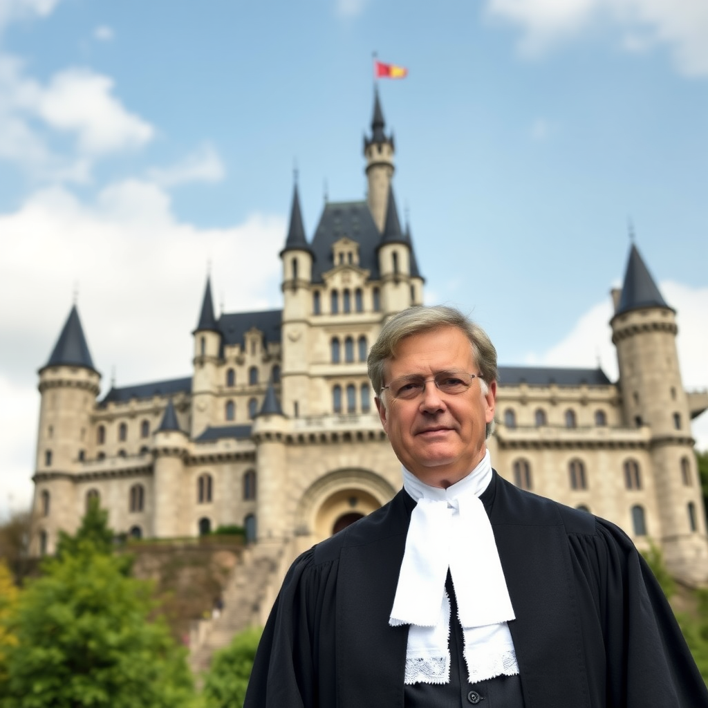 A German judge stands in front of Hohenzollern Castle.