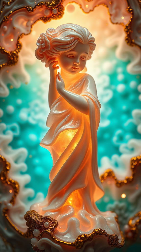 young girl statue, mandelbulb fractal, ultra-detailed, dynamic composition, artistic photograph, geode, alabaster, fractal, brilliant colors, glittering, illumination, transparency, translucent, opal, turquoise, gold, romanticism, sharp focus, wabi-sabi, pottery, floral