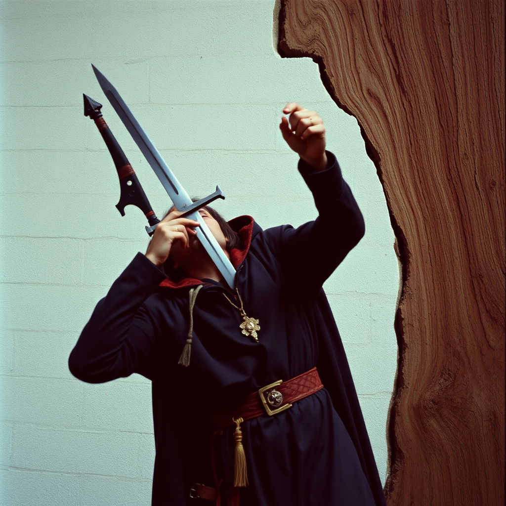 highly detailed realistic 35mm fantasy movie still photograph from 1981 of A human magic-user, impaled against a wall. The killing sword, still thrust through the body, is lodged in the wall, which has a large section of wood at this point.