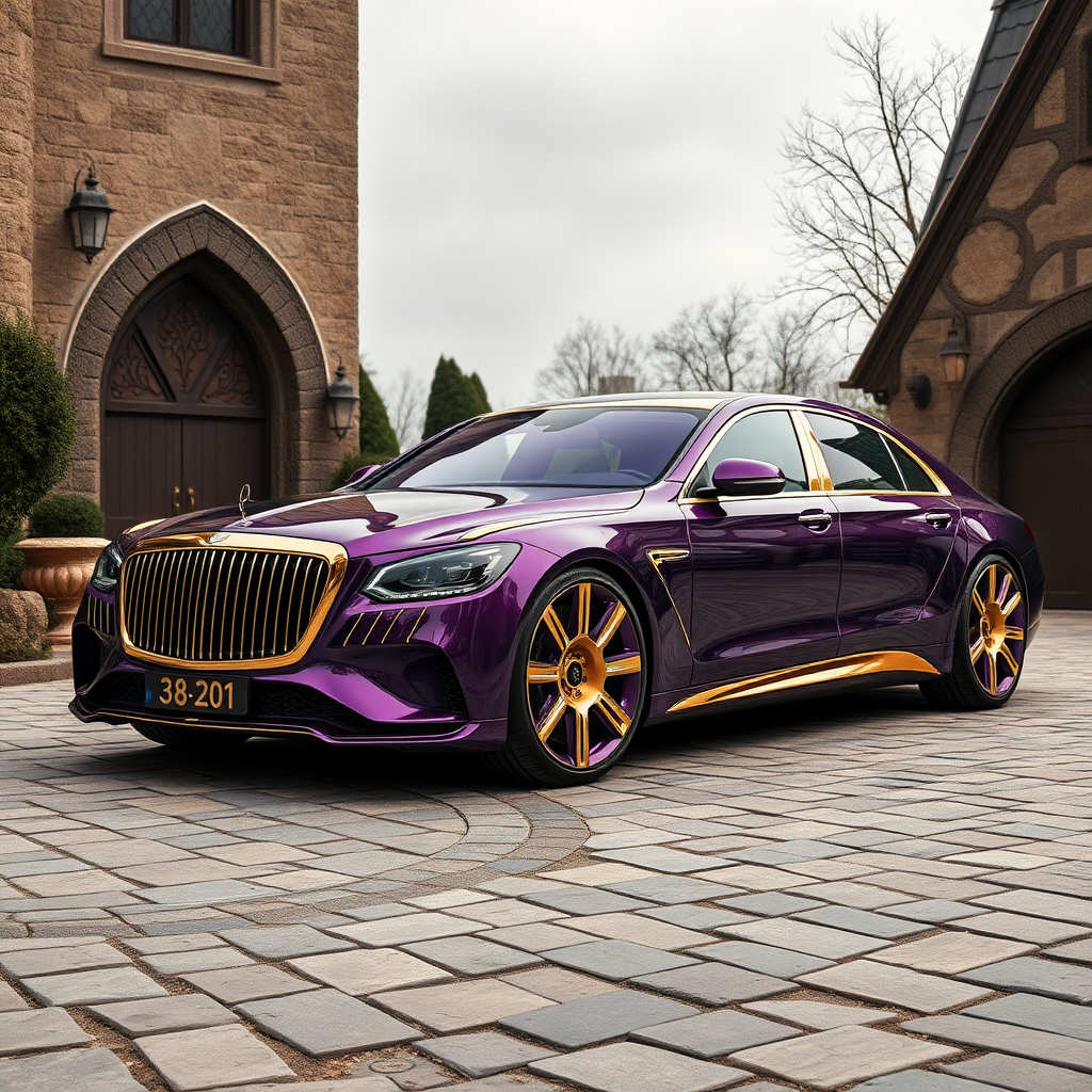 futuristic maybach sedan, purple and gold details, gold ornament, luxury, sultans, lord of the rings, elven style, fantastic, wonderland, royal, parked house