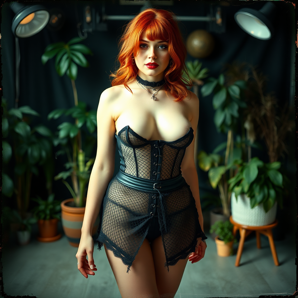 Scan of old photograph with visible wear and heavy vignetting and cracking with color tint and light leak depicting a sexy curvy thicc alt goth girl with red hair and freckles wearing a garter belt and high heels with revealing black fishnet corset, standing facing the viewer in a photography studio with artistic lighting filled with plants.