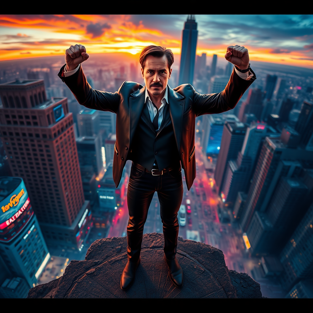 An action-packed, visually striking scene of tonystark standing triumphantly amidst a dramatic, cityscape backdrop at sunset, camera angle: bird's eye view, with vibrant colors and sharp contrasts to make him stand out.