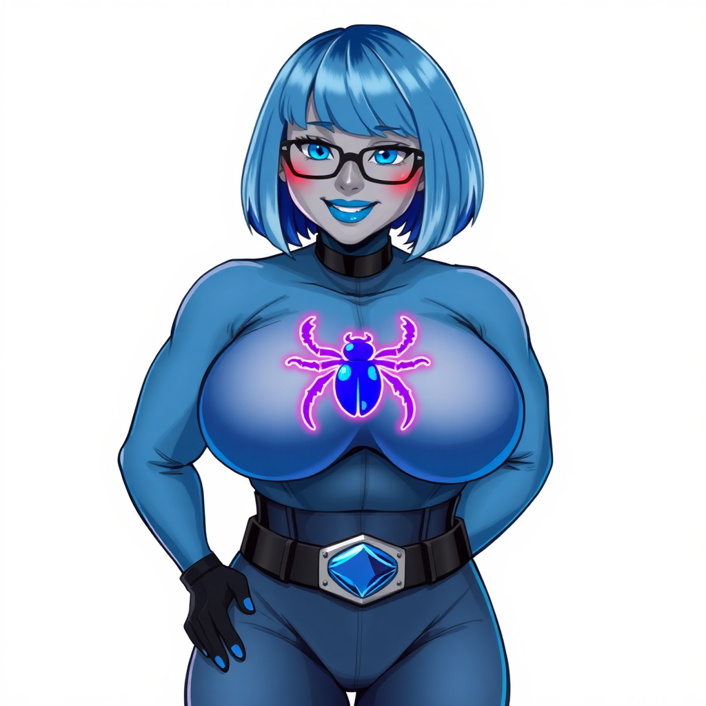 A 28-year-old, full-figured, middle gray metallic-skinned computer program-human hybrid with a maximum blue bob cut. She has a non-athletic build, highlighted by a prominent, round midsection. As a digital sidekick, computer hacker, and nerdy girlfriend to her cyberpunk vigilante boyfriend, her middle gray metallic skin and maximum blue lipstick emphasize her digital nature. She wears an oversized maximum blue bodysuit with a neon blue beetle chest icon, a black belt with a sapphire scarab buckle, and black gloves. Her bright blue eyes, black eyeglasses, and lovestruck smile with neon red blush accentuate her nerdiness. She stands bashfully with her hands behind her back, her costume covering all her skin. Her physique is emphasized. She is on a solid white background. She is drawn as if she was in a retro 2D cyberpunk fighting game.