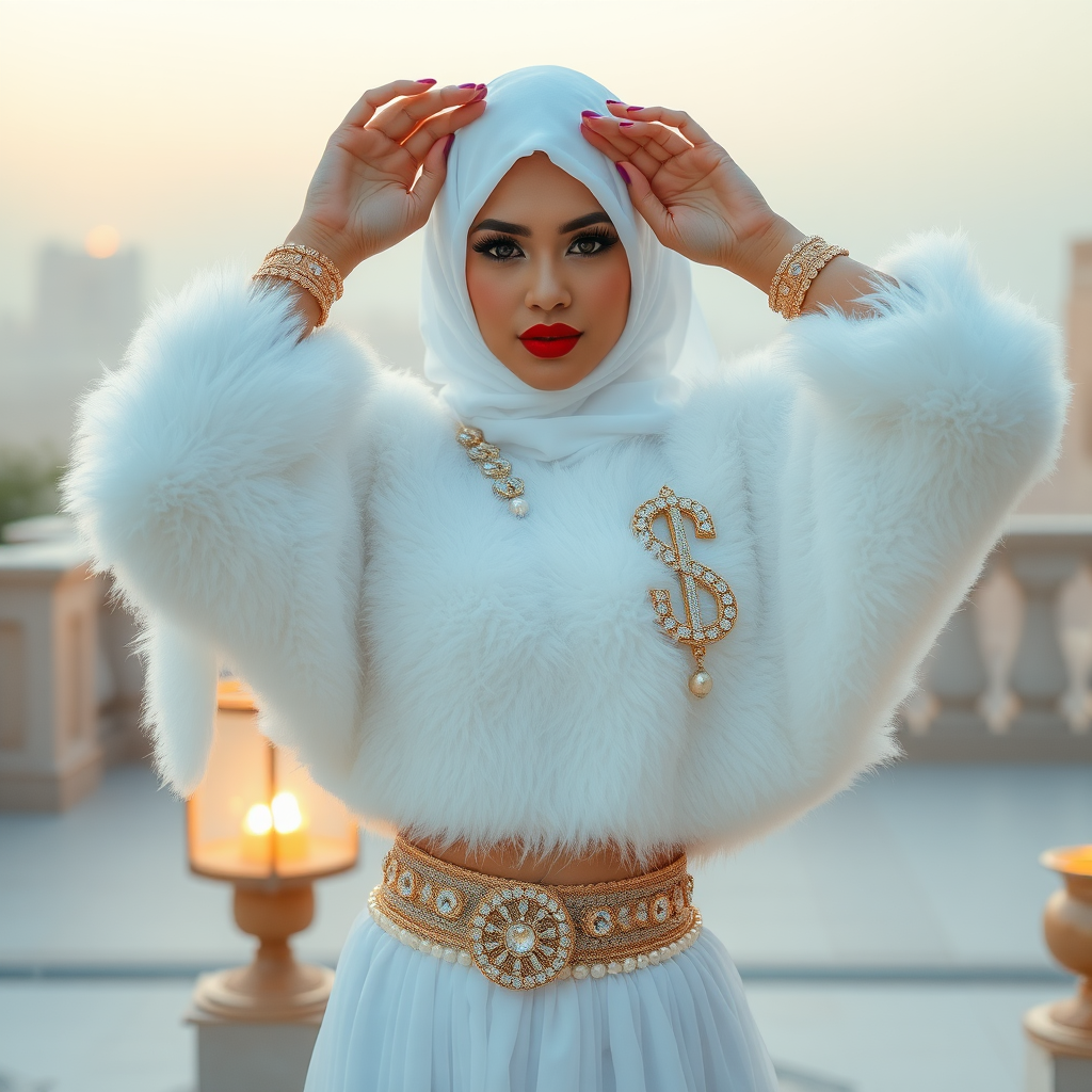 Kuwait desert palace harem patio misty dawn: Melissa, European 17 years old very convincing femboy “trophy-bimbo”, tamed servile docile, very beautiful feminine flawless face, rather short, by hormones very curvaceous womanly figured, bold red lips, heavily made-up face, wearing Supertanya-style fluffy very fuzzy bright white angora turtleneck-poncho cropped ending under bust decorated with pearls and gemstones, striking oriental wide gold bridal protection belt, white fully transparent harem pants, full Oriental bridal jewelry, face covered by white sheer full Burka, coin anklets, striking diamond “$$$” letter brooch on left chest, pout frustrated, seductively dancing hands over her head, looking at camera. Focus on face and turtleneck-poncho.