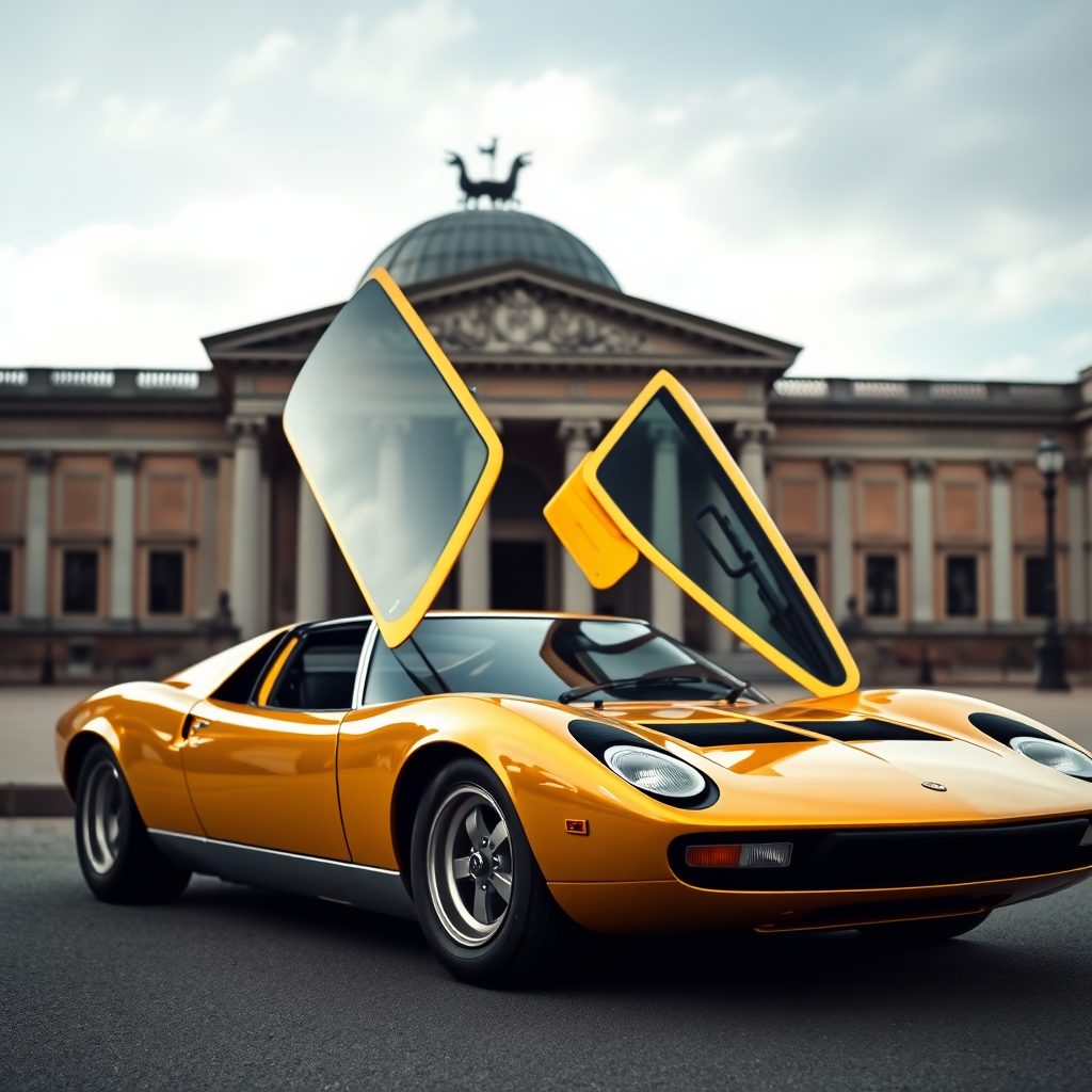 Golden Lamborghini Miura with doors open, parked in front of British Museum