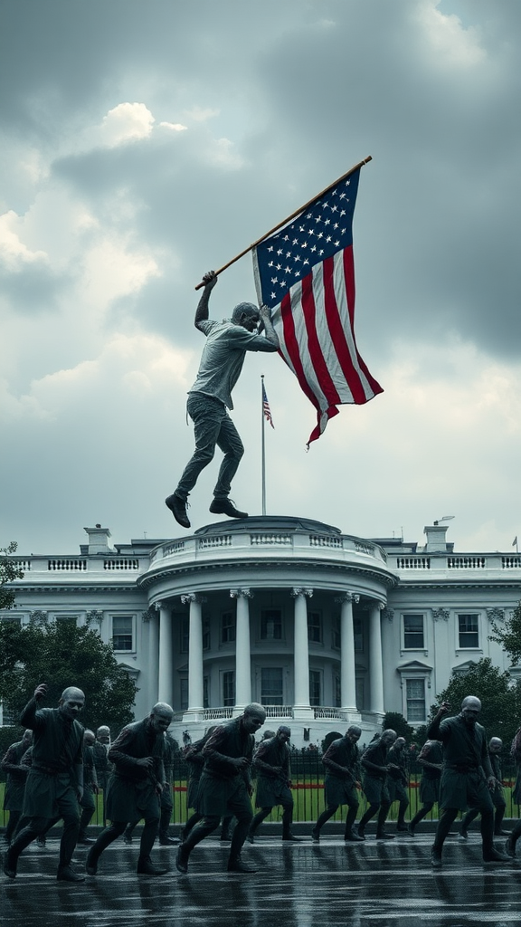 A terrifying zombie, possessing human consciousness, climbs to the roof of the White House, pulling down the American flag. It's an overcast day, the sky is filled with dark clouds, the ground is wet from the rain, and there are many zombie sentinels on the ground.