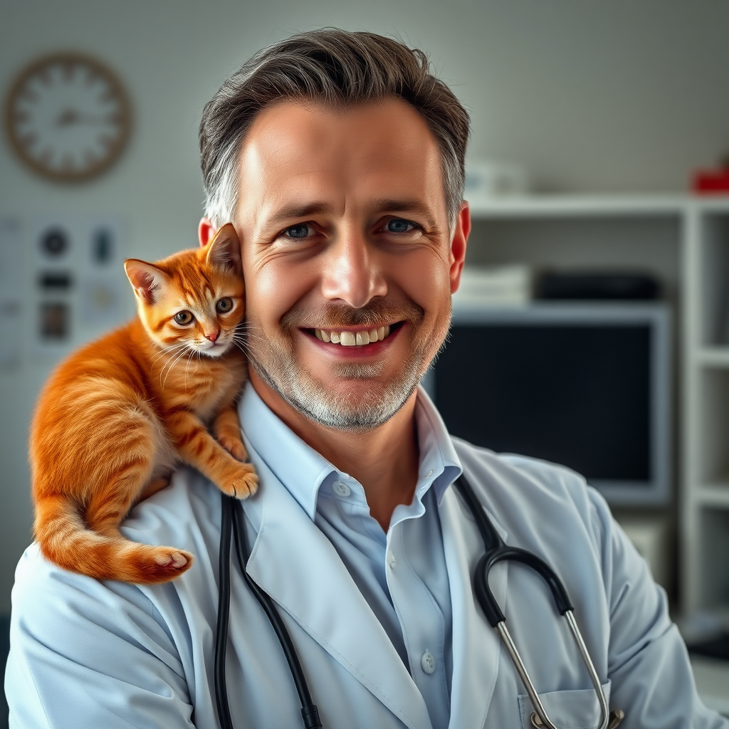 a 57yo handsome swiss doctor, very reliable look,on his studio,nice smile,really professional look,extremely photorealistic image, no rings. there is a red kitten on the doctor's shoulder,8k,extremely realistic,insanely photorealistic image