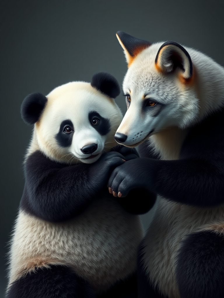 A photorealistic picture of a panda and a silver fox holding hands.