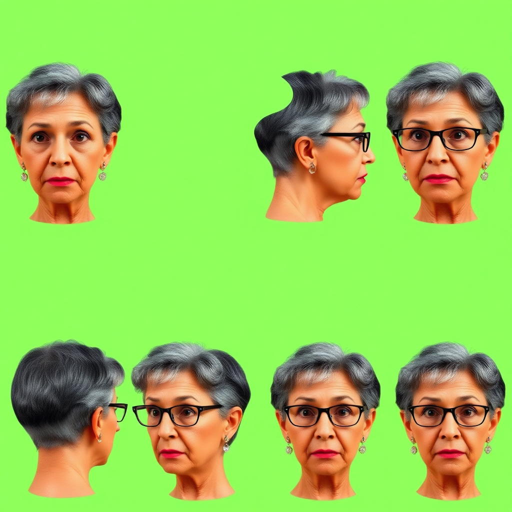 Photorealistic image of six headshots of a 55 Years old, European, Latina, sharp aquiline nose, wrinkles, high cheekbones, Middle Eastern, Skinny, Tanned skin, Dark light skin, full Makeup, jewelry, Sharp nose, frowning, astonished, shocked, dark grey Ash hair, short bowl haircut, Brown eye color, Glasses, with detailed features. Each photo displays the same face in back, profile and front view, cut out and isolated on a green background. All six heads are visible side by side, empty space around each view, no overlapping.