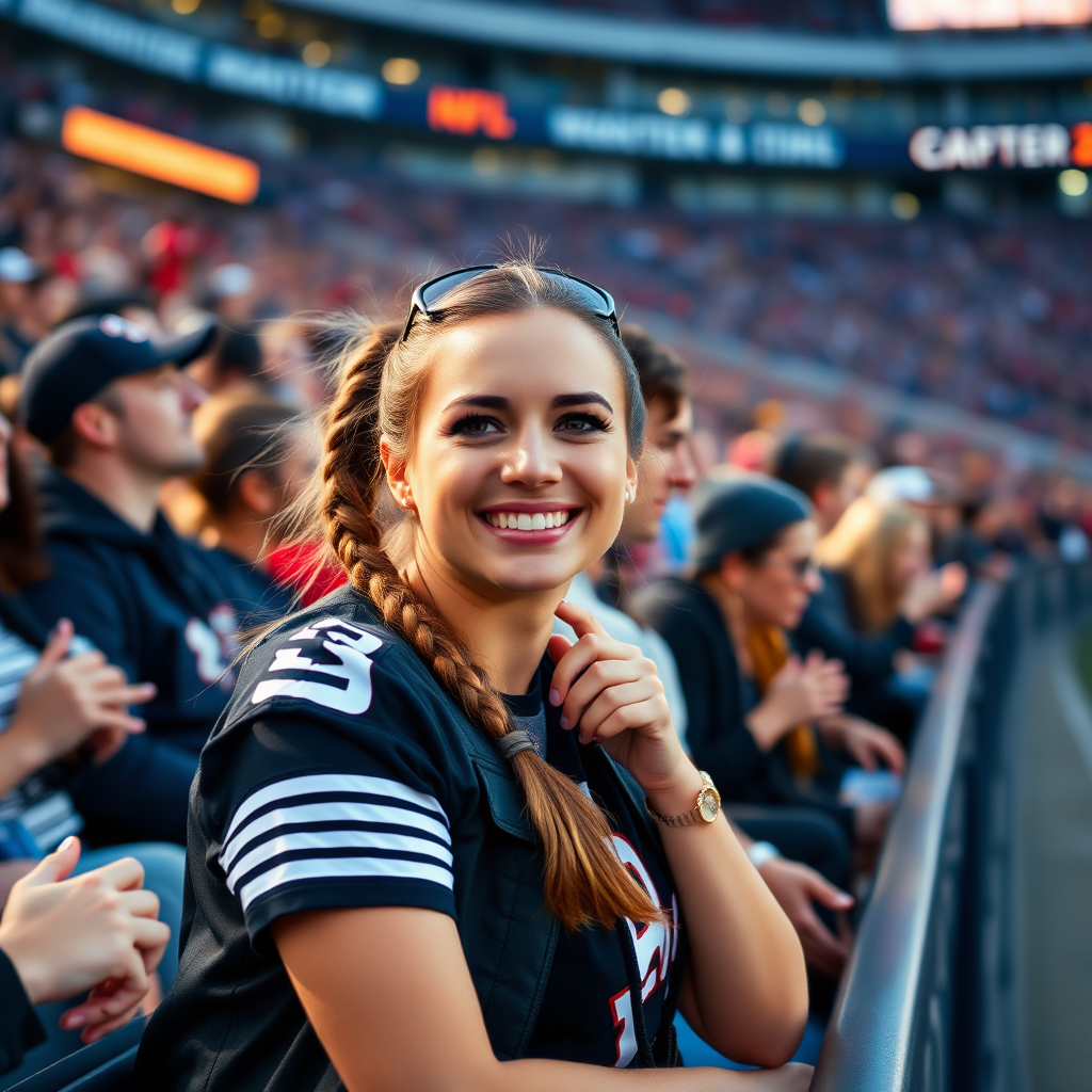 Attractive female NFL fan, cheering, pigtail hair, at crowded stadium bleacher row