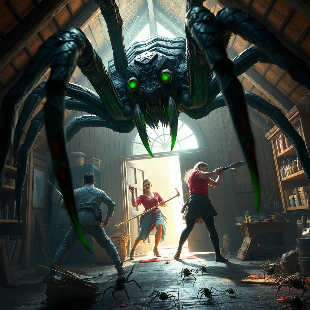 a giant spider queen fighting a group of adventurers, fangs dripping with green poison, the bright attic of a farmhouse, One female fleeing through a doorway only to be caught by webs. shelves knocked over with goods spilled. digital matte painting. smaller spider swarms everywhere.