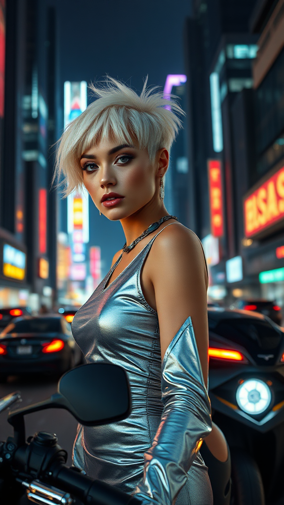 A fashion editorial close-up shot of a young woman with a short, sleek, platinum blonde haircut, standing in the middle of a futuristic metropolis at night. She wears a metallic silver dress paired with holographic accessories, reflecting the glowing neon lights of the city. The background features towering skyscrapers with futuristic signage, while flying cars zoom past in the distance. Her expression is bold and enigmatic as she stands confidently on a high-tech motorcycle, her hair catching the breeze from passing vehicles, creating a futuristic yet glamorous vibe.