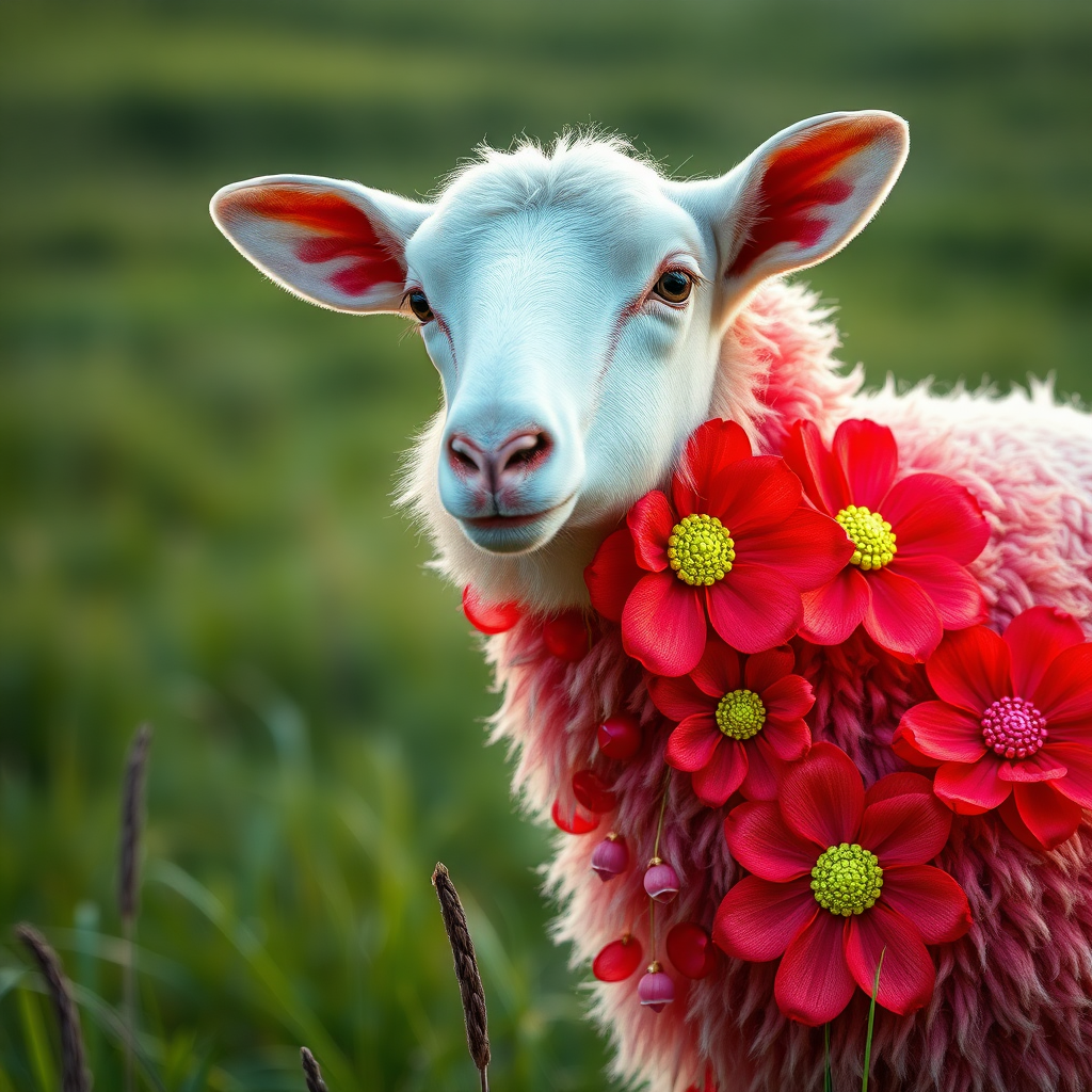 a shot photo of a sheep with pop red and neon lime green colours sequins work have large floral design with sequins work, creating a dreamy atmosphere, . Taken with a Canon E05 R camera with 50 mm f/1.8 lens and f/2.2 aperture. grassland backdrop, photography, photorealistic, hyperdetailed,