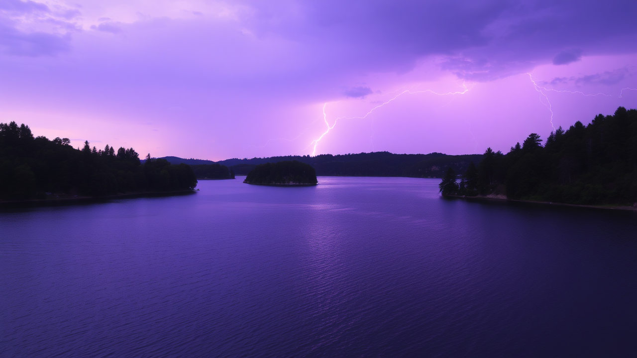 photo, lakes, nature, purple sky, lightning