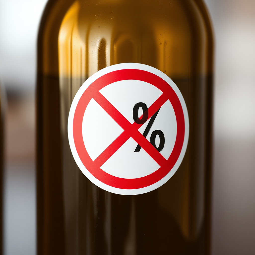 A photo of a beer bottle with a sticker of percent symbol crossed in a red circle, photorealistic