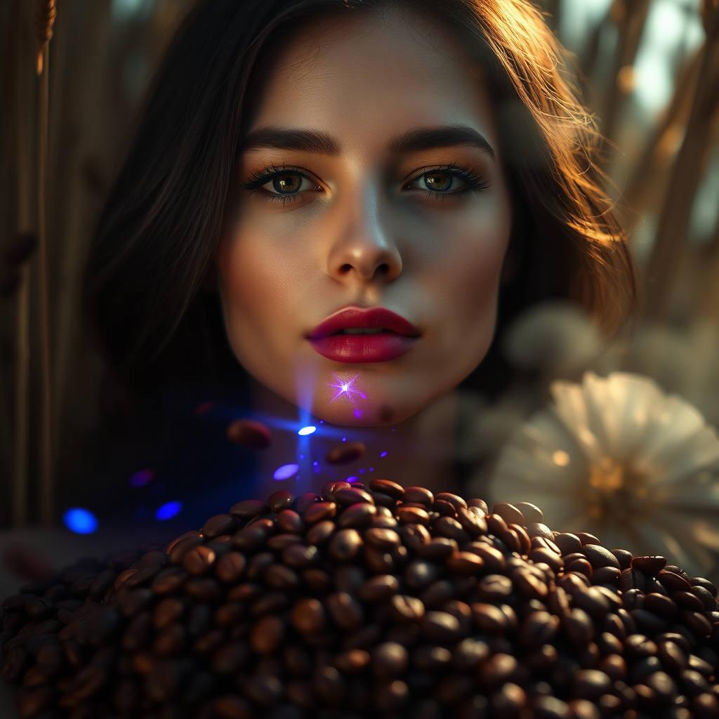 500px, Hasselblad, cinematic, super quality, high resolution, crazy detail, complex, very sharp, Brenizer method, Her striking features are beautifully illuminated, reinforcing the transcendent and serene atmosphere. The entire scene is bathed in soft, gentle light, and her quiet and mysterious appearance creates a dreamy and serene environment.

Coffee beans fall from above and pile up underneath, creating a photo with a brown, roasted coffee flavor.

A dreamy light sparkles between the tall reeds, illuminated by the blue light of the moon surrounding the beans. Featuring an abstract composition focused on light and color refraction, it creates colorful, prismatic effects and dynamic, multifaceted shapes, colorful lights, sparkling fog, abstract patterns, mysterious atmosphere, surreal nature, spiritual beauty, and dynamic contrasts.