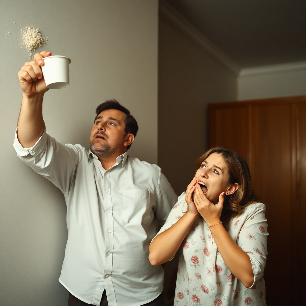 A white man throwing a rice cup at the wall, while his wife cowers in fear.