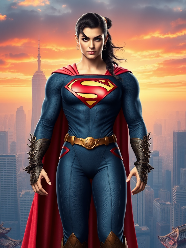 Generate a full-length image of Superman using Chun-Li's female figure for the body. Keep Superman's head, hairstyle, and facial features intact. Retain Superman's iconic costume, adding intricate embellishments from Chun-Li's traditional outfit such as her spiked bracelets, dragon patterns, and belt while altering the costume design to fit the new feminine proportions seamlessly. Create a vibrant background that merges the sleek, urban skyline of Metropolis with the traditional, scenic elements of a Chinese cityscape. Ensure the fusion of both character's themes is harmonious and visually compelling.