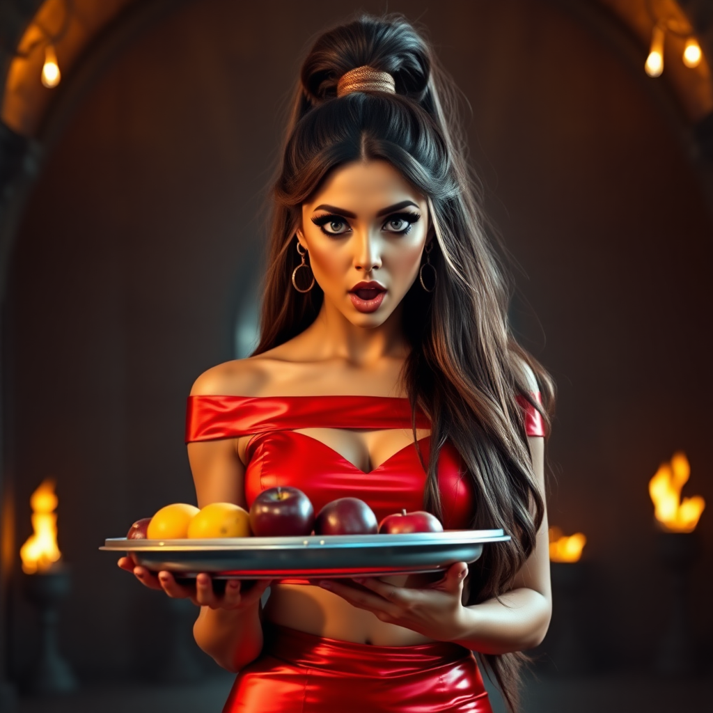 realistic photo of a surprised Arabian model with mouth open. She has very large eyes, black eyeshadow, black eyeliner, fake eyelashes, very tanned skin, very long hair. very high ponytail, she look likes princess jasmine, shinny red off shoulder crop top. photo realistic. She holds a metal tray with fruits just above her waist. crop top, shinny red skirt. full body view. shinny red pencil skirt. dungeon with fire torches in the background.