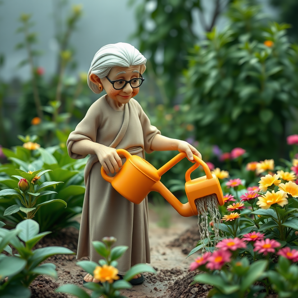 Claymation scene. A medium wide shot of an elderly woman. She is wearing flowing clothing. She is standing in a lush garden watering the plants with an orange watering can.