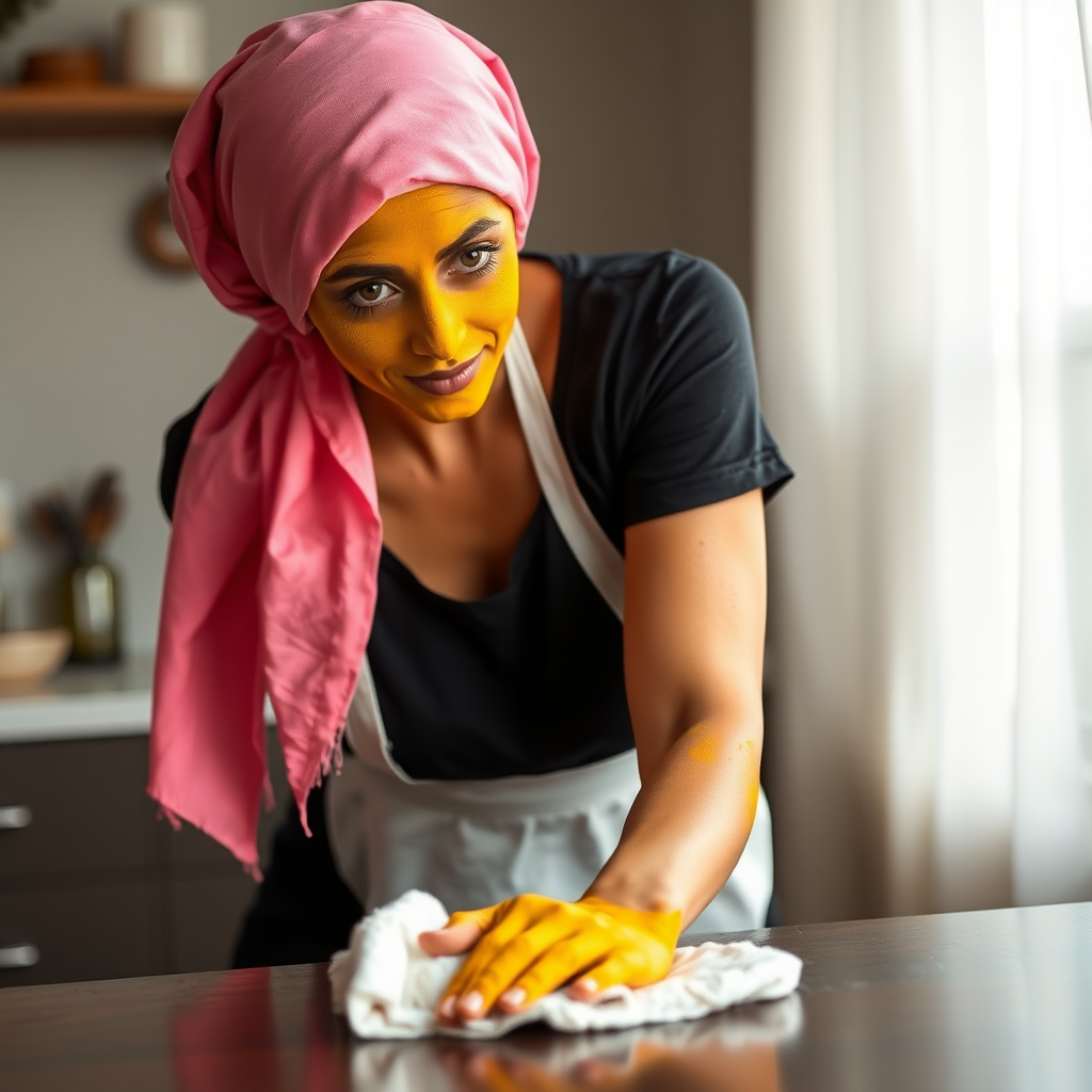 slim, 30 year old, sexy, french maid, pink scarf head, turmeric face pack. She is cleaning a table with a cloth