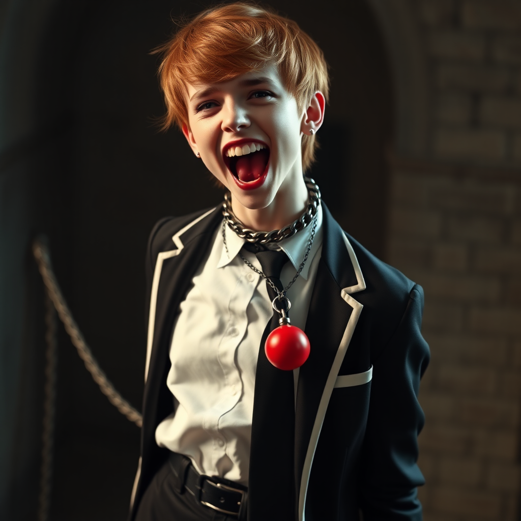 photorealistic, ultra high resolution, 16K, surreal fantasy, soft studio lighting, Tyler Swift is a pretty 18 year old goth male vampire, slim male physique, auburn hair, vampire long canine teeth, goth makeup, earrings, shiny black pantyhose, school uniform shirt tie and blazer, Mary-Jane shoes, spikey neck collar chain and leash, red ball-gag, in a dungeon, the end of the leash is chained to the wall, in daylight, excited open mouth smile, drooling a stream of saliva, facing the camera.